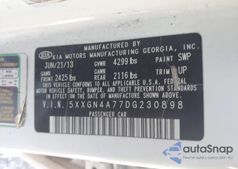 2013 Kia Optima Ex z USA, uszkodzony, nr VIN 5XXGN4A77DG230898